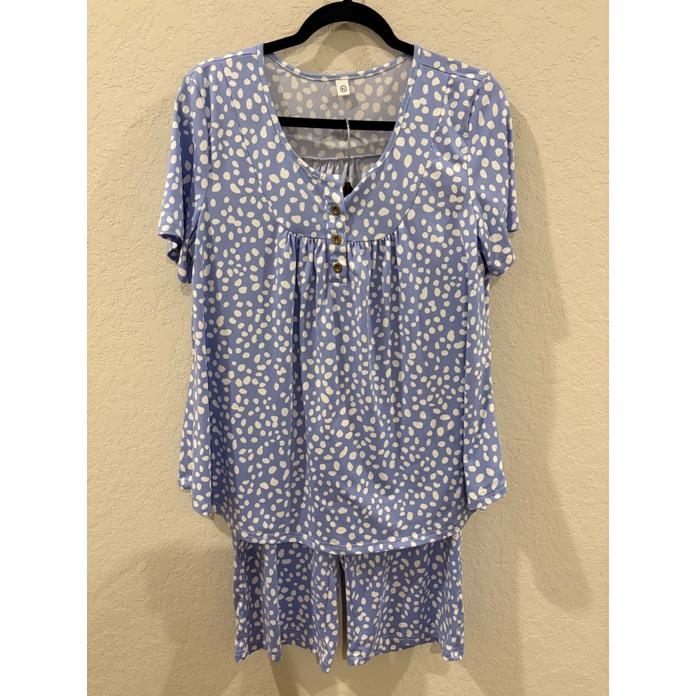 Blue Polka Dot Pajama Set Short Sleeve Henley Top and Shorts XL